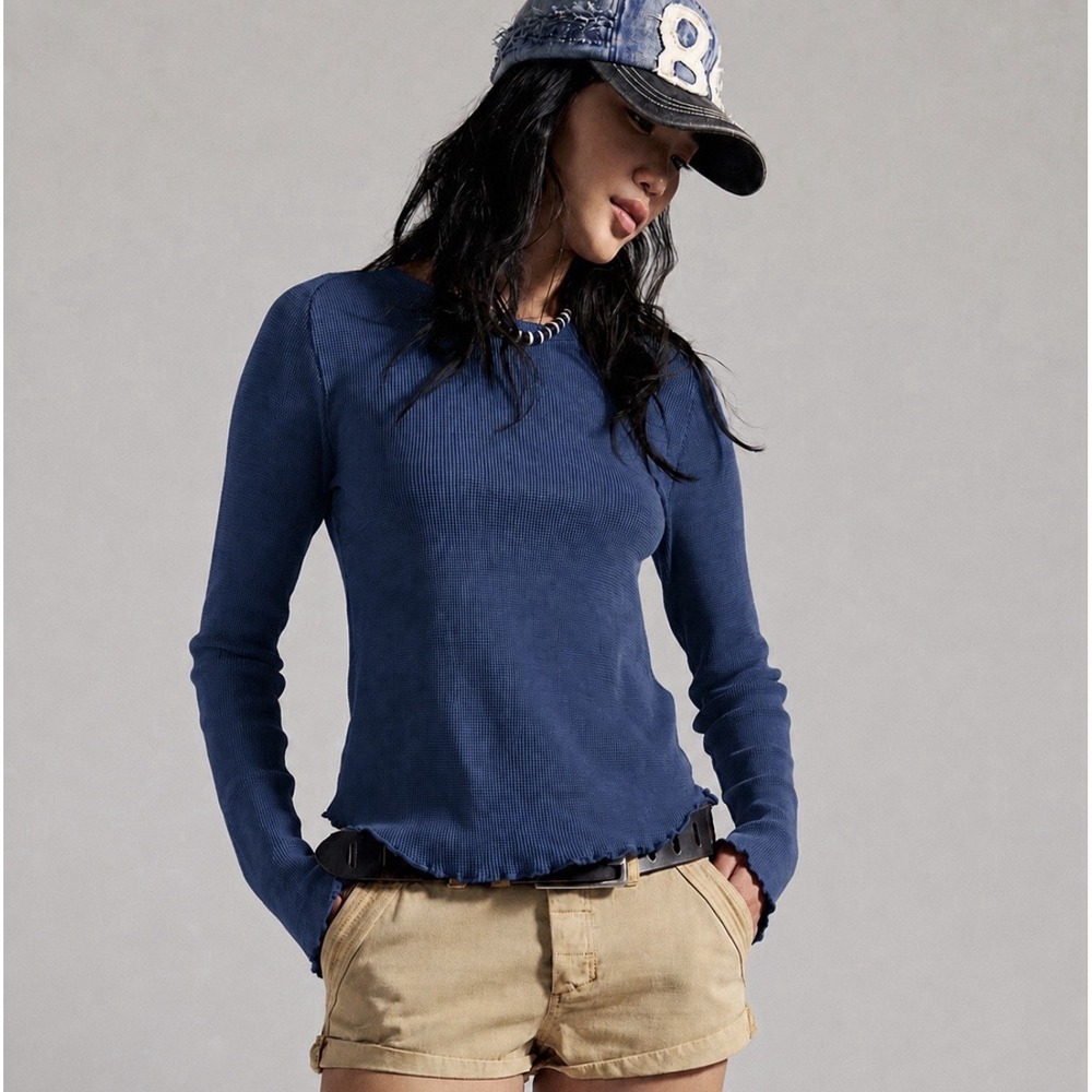 We The Free People Easy Does It Tee S/M Long Sleeve Waffle Texture Blue T Shirt